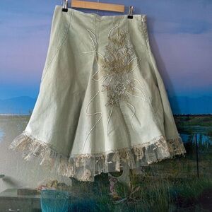 Vintage y2k Sage Green upcycled lace and denim skirt